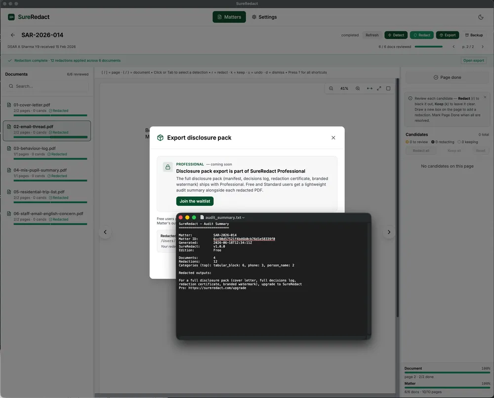 The SureRedact Export disclosure pack dialog with the Free one-page audit summary text file shown alongside