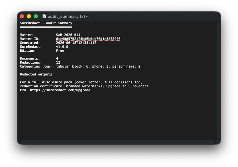 A text file showing the SureRedact one-page audit summary: matter details, redaction counts, and a category tally