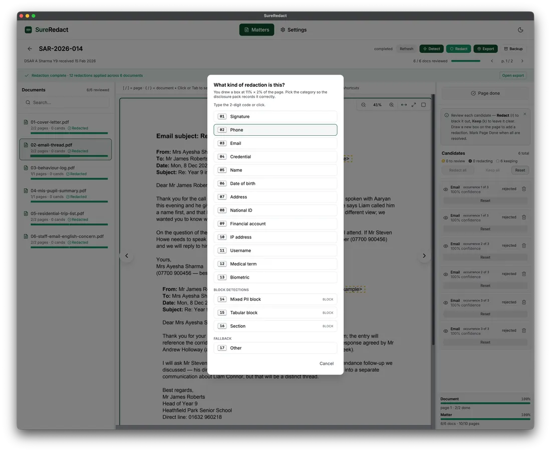 The SureRedact redaction-type picker listing the canonical redaction types for a manually drawn region