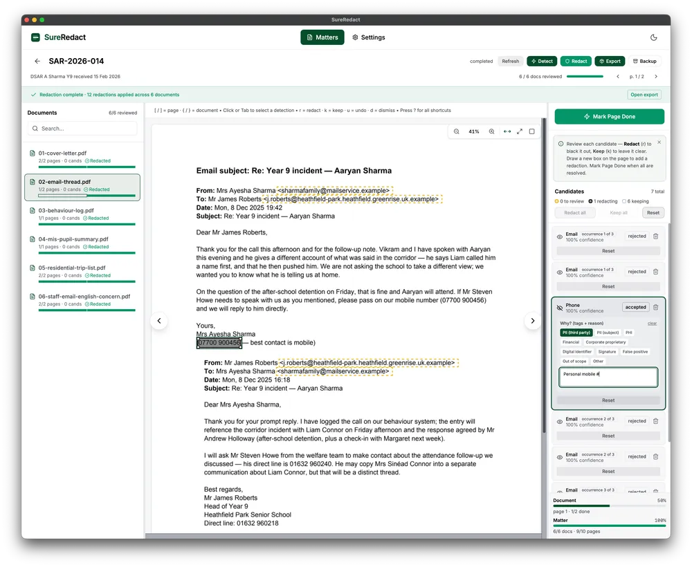 The SureRedact reviewer showing a confirmed phone-number candidate being tagged with a type and a reason code