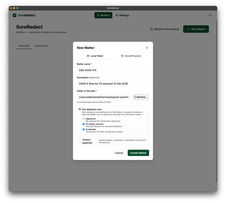 The SureRedact New Matter dialog set to create a Matter from a local folder of PDFs
