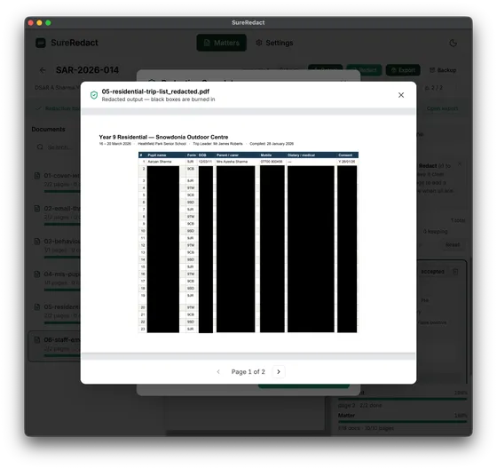 The SureRedact redaction preview showing the same trip-list table with columns burnt to black boxes