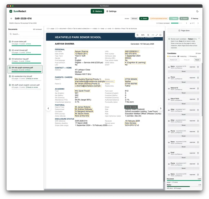 The SureRedact reviewer showing a PDF page with detected redaction candidates listed in the side panel