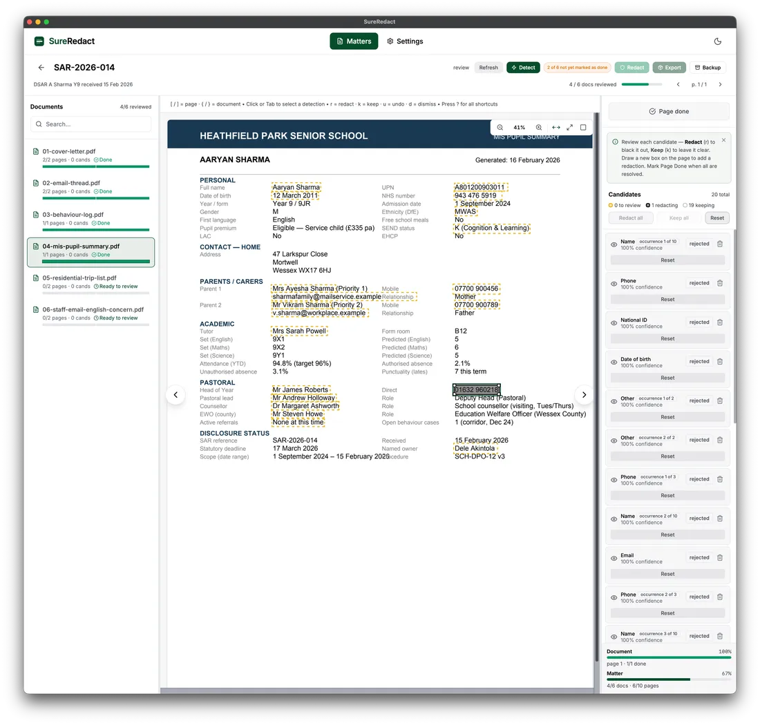 The SureRedact reviewer showing a PDF page with detected redaction candidates listed in the side panel